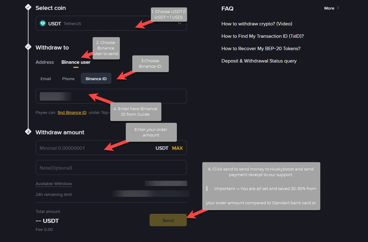 Sending USDT to HuskyBoost on Binance