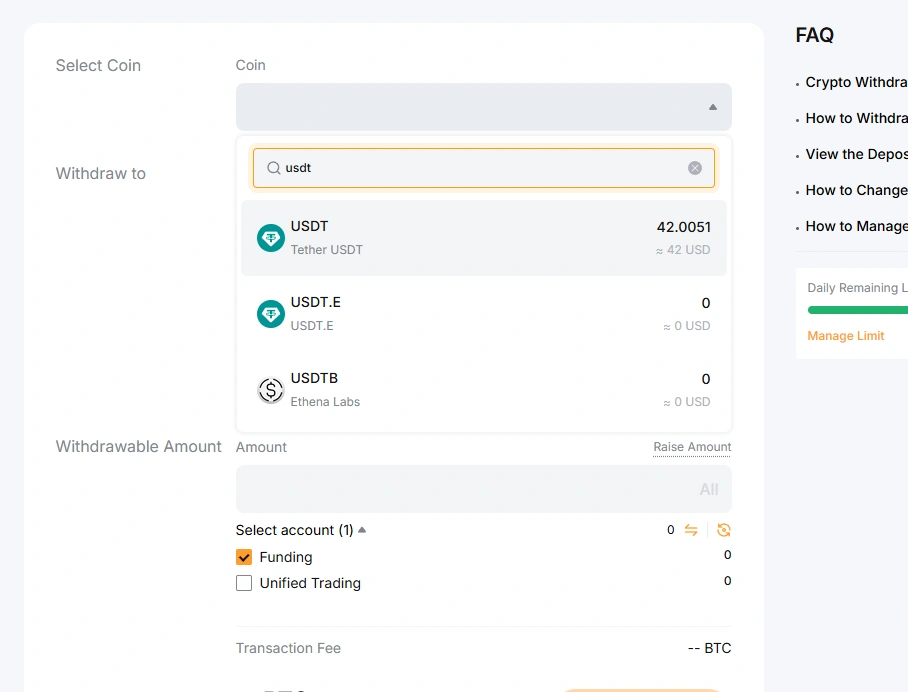 Choosing USDT for internal transfer