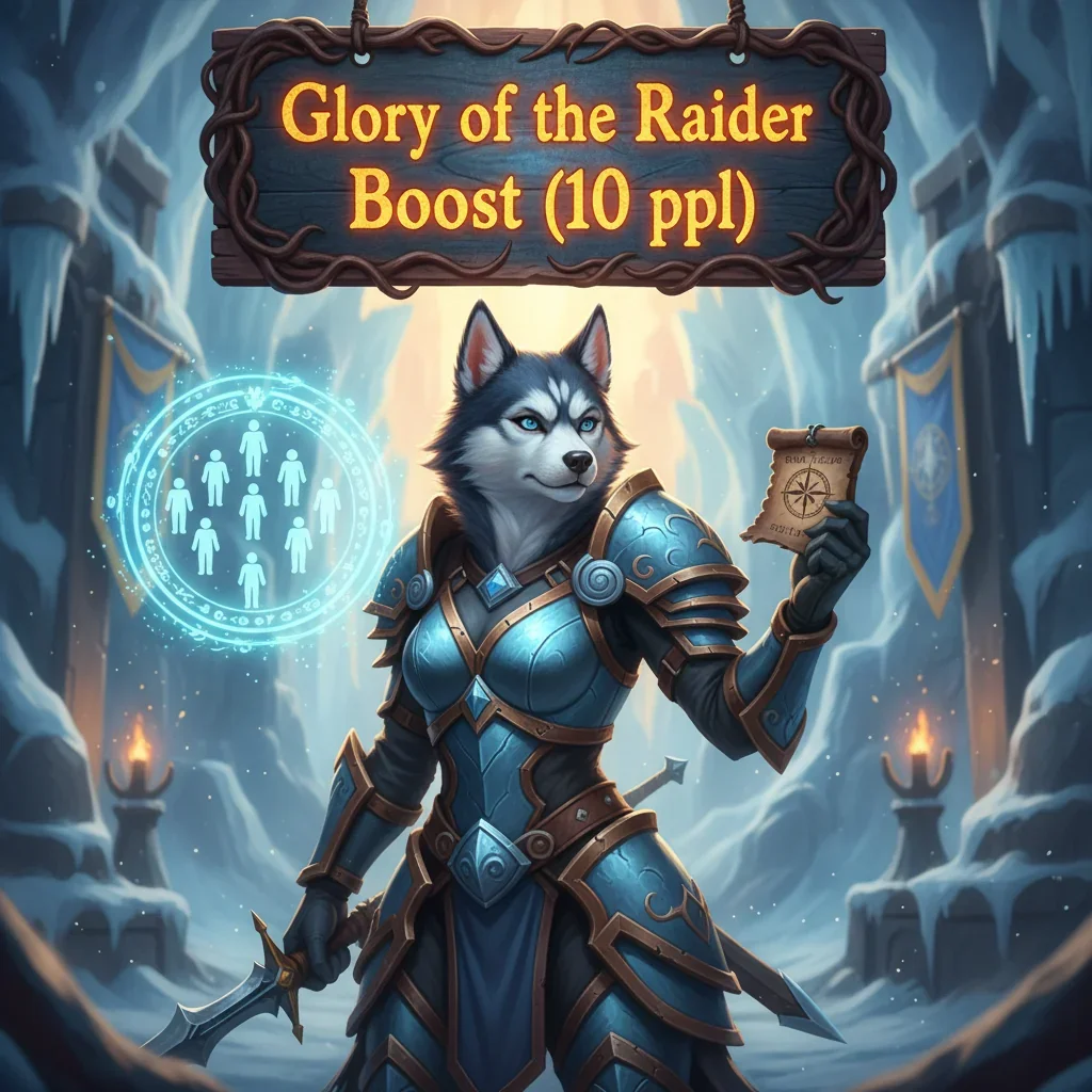 Huskyboost's "Glory of the Raider Boost (10 ppl)" service for World of Warcraft, showcasing a triumphant raid team celebrating a victory.