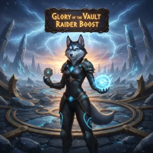 Glory of the Vault Raider Boost service offered by Huskyboost.com, showcasing a triumphant character in a raid setting.