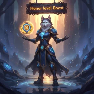 Illustration of a League of Legends champion receiving a visible honor level boost, depicted with glowing effects and celebratory icons.