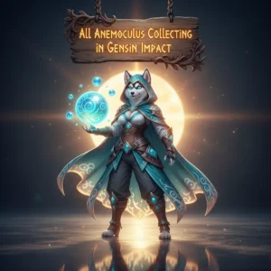 A fantasy game-inspired image featuring an anthropomorphic Husky character in a stylized fantasy environment, themed around collecting Anemoculus in Genshin Impact.