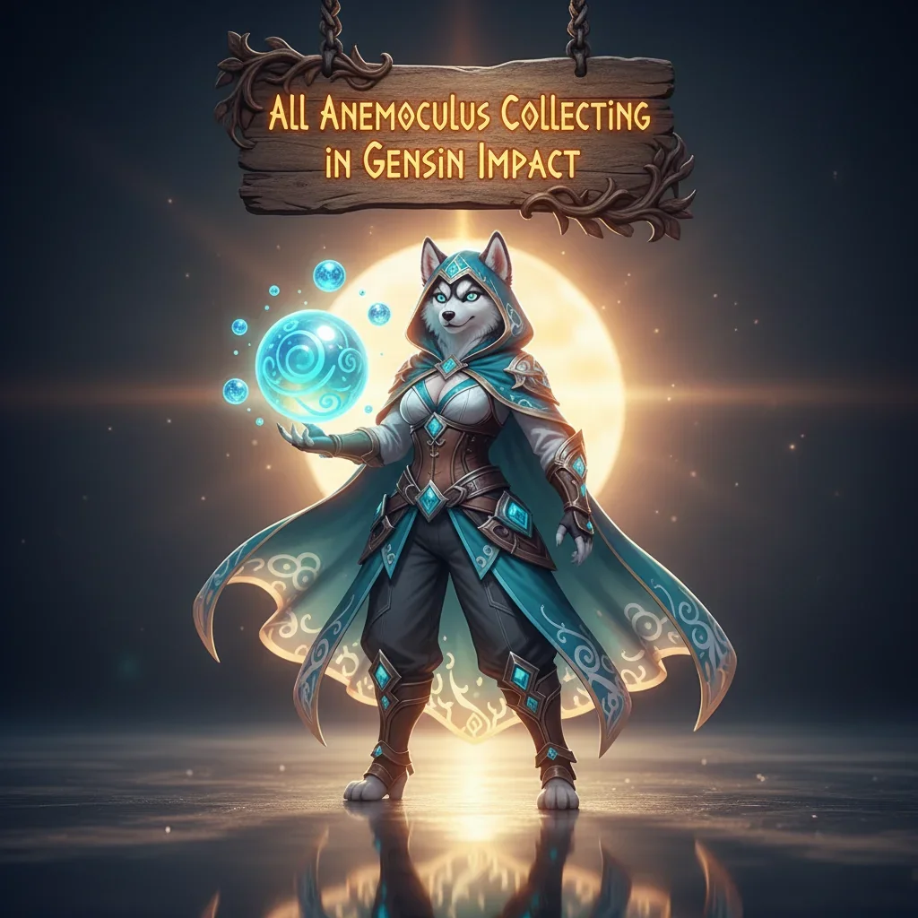 A fantasy game-inspired image featuring an anthropomorphic Husky character in a stylized fantasy environment, themed around collecting Anemoculus in Genshin Impact.
