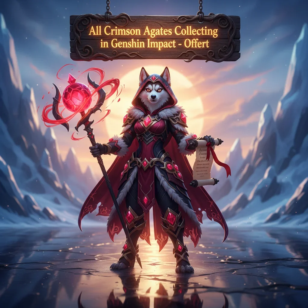 Fantasy artwork related to Genshin Impact featuring an anthropomorphic Husky character, themed around collecting Crimson Agates.