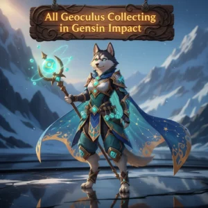 Fantasy artwork of an anthropomorphic Husky character in a game-inspired environment, themed around Geoculus collection in Genshin Impact.