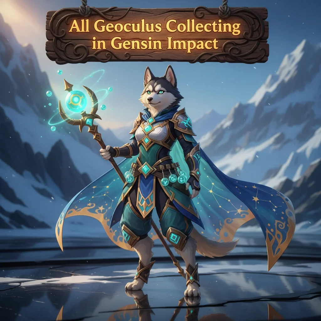 Fantasy artwork of an anthropomorphic Husky character in a game-inspired environment, themed around Geoculus collection in Genshin Impact.