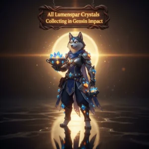 Genshin Impact-inspired fantasy artwork featuring an anthropomorphic Husky character, themed around Lumenspar crystal collection objectives.