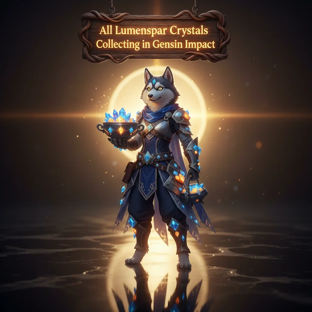 Genshin Impact-inspired fantasy artwork featuring an anthropomorphic Husky character, themed around Lumenspar crystal collection objectives.
