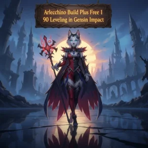 Fantasy game-inspired artwork featuring an anthropomorphic husky character, themed around Arlecchino character development and leveling objectives.
