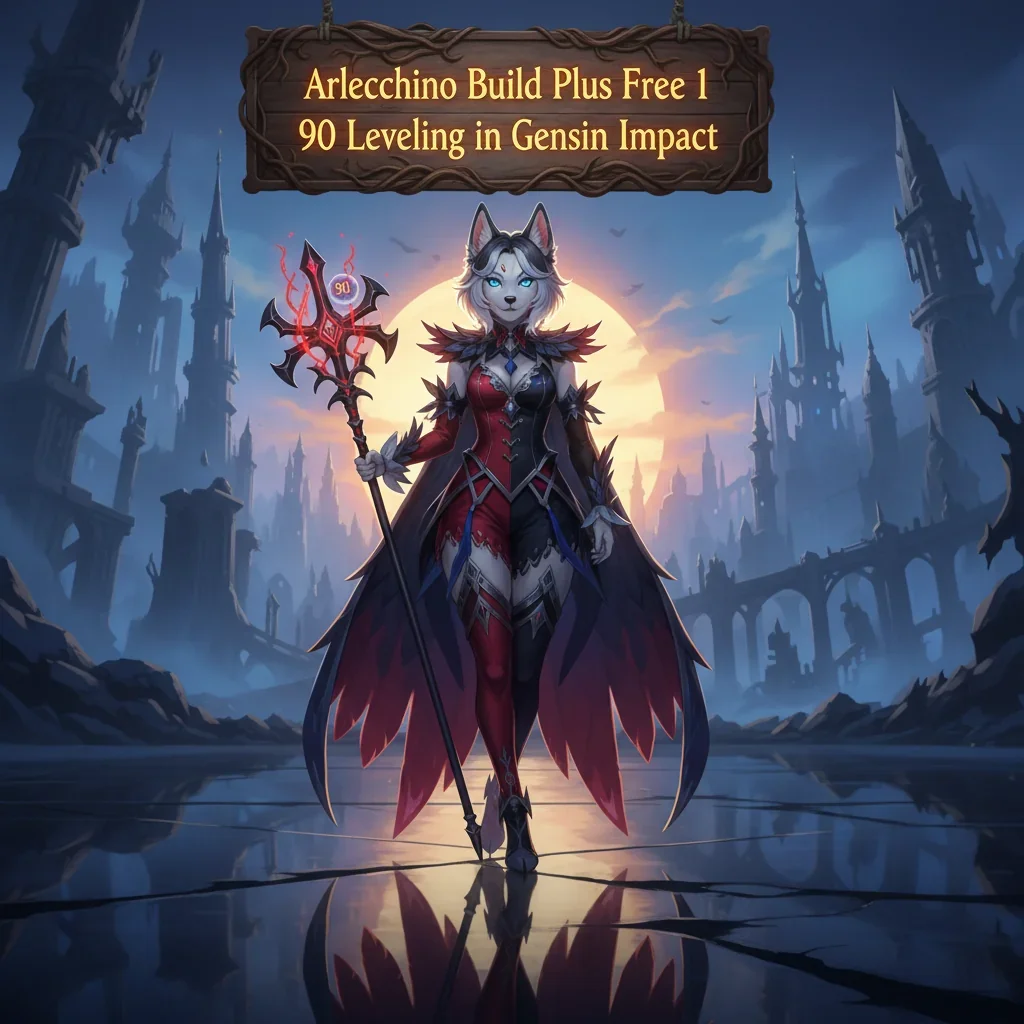 Fantasy game-inspired artwork featuring an anthropomorphic husky character, themed around Arlecchino character development and leveling objectives.