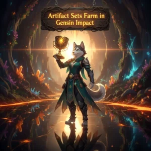 Fantasy artwork of an anthropomorphic husky character in a game-inspired environment, representing artifact farming content.