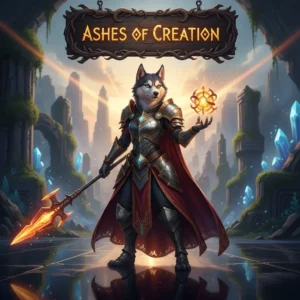Ashes of Creation character receiving a boost from a professional player, indicating 'Ashes of Creation Boosting Services'