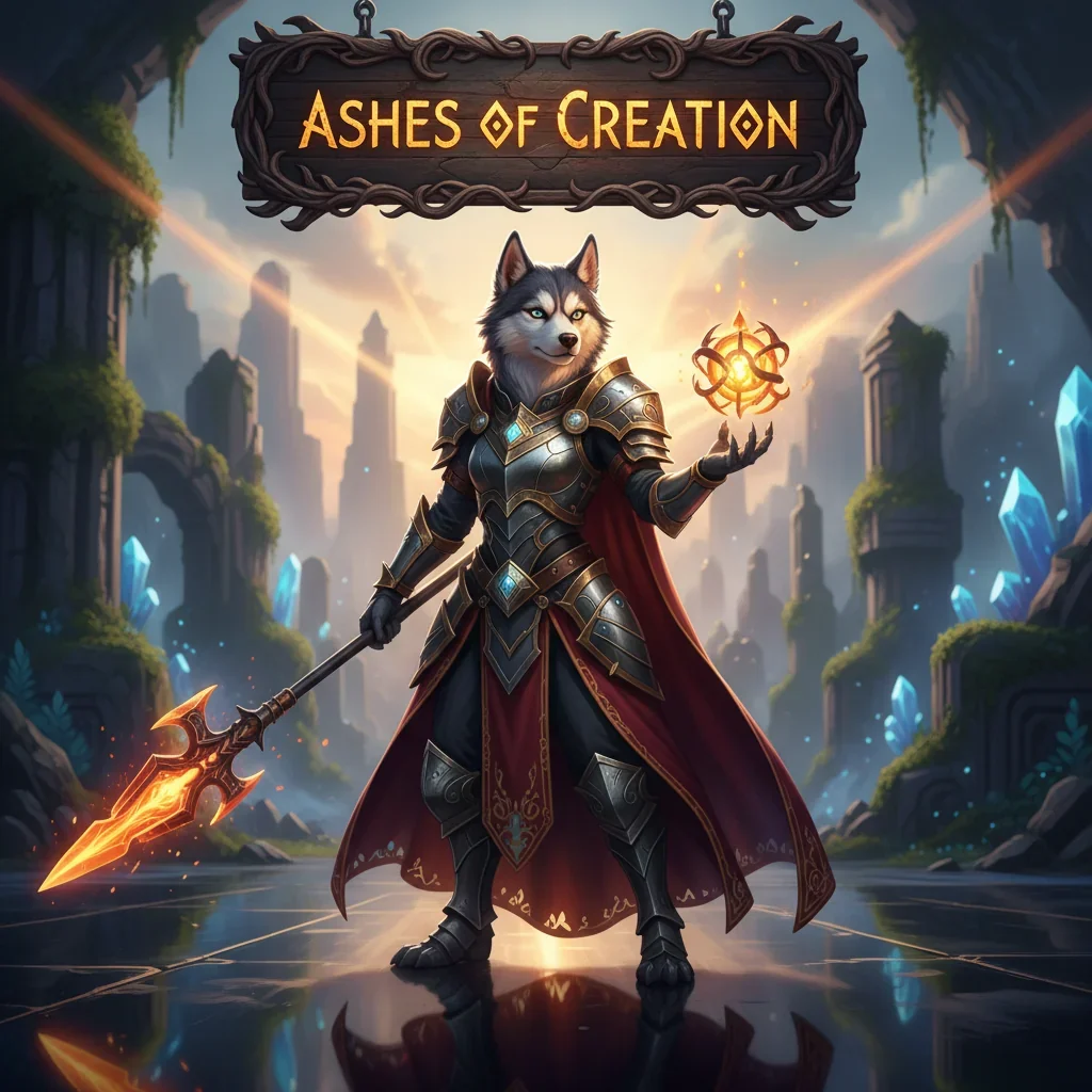 Ashes of Creation character receiving a boost from a professional player, indicating 'Ashes of Creation Boosting Services'