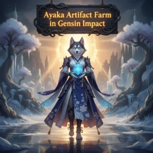 Fantasy artwork of an anthropomorphic husky in a game-inspired setting, themed around Genshin Impact artifact farming.