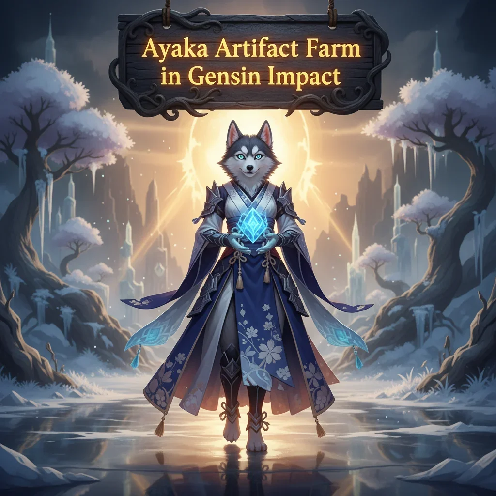 Fantasy artwork of an anthropomorphic husky in a game-inspired setting, themed around Genshin Impact artifact farming.