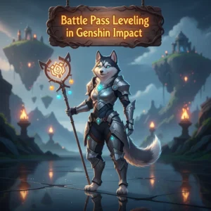 Fantasy artwork featuring an anthropomorphic husky character in a Genshin Impact-inspired environment, representing Battle Pass progression.