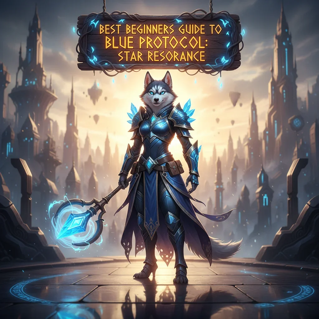 Screenshot of Blue Protocol Star Resonance Early Progression Guide on HuskyBoost.com, featuring game interface and progression elements.