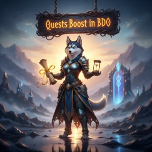 Black Desert Online character riding a horse through a fantasy landscape, representing a quest boost service.