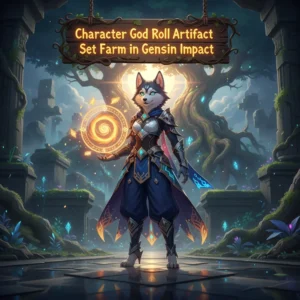 Genshin Impact-inspired artwork featuring an anthropomorphic Husky character in a fantasy setting, related to character progression.