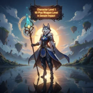Fantasy artwork of an anthropomorphic Husky character in a game-inspired setting, themed around character and weapon progression.