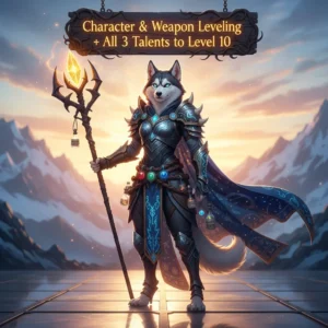 An anthropomorphic Husky character in fantasy attire, against a game-inspired background, representing character and weapon leveling content.