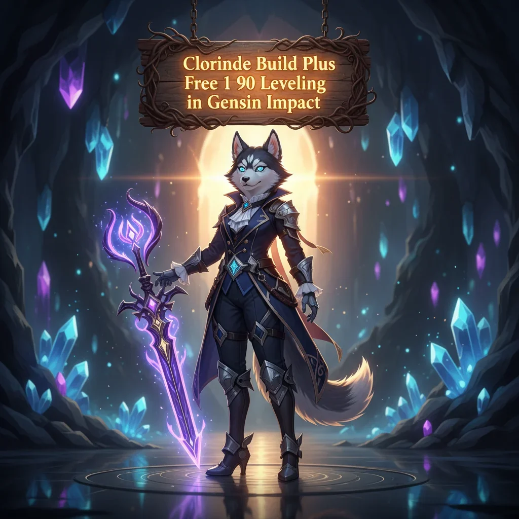 Fantasy artwork featuring an anthropomorphic husky in a dark blue and gold outfit, set against a background of glowing blue lightning and cave formations, related to Genshin Impact character progression and leveling content.