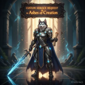 A group of diverse adventurers standing in a fantasy world with a large, glowing portal in the background, representing a 'custom service request' in Ashes of Creation.