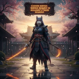 Screenshot of a player character in Assassin's Creed Shadows interacting with a custom service request interface, showing options for personalized assistance within the game.