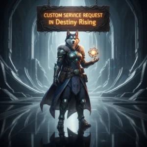 Screenshot from Destiny Rising showing a custom service request being processed by Huskyboost.com, with game interface elements visible.