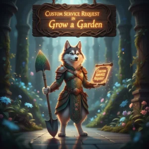 Custom service request in Grow a Garden, showing a player interacting with gardening elements and a custom order interface.