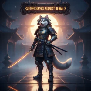 A samurai warrior from Nioh 3 with a speech bubble indicating a custom service request, set against a backdrop of a bustling Japanese town.