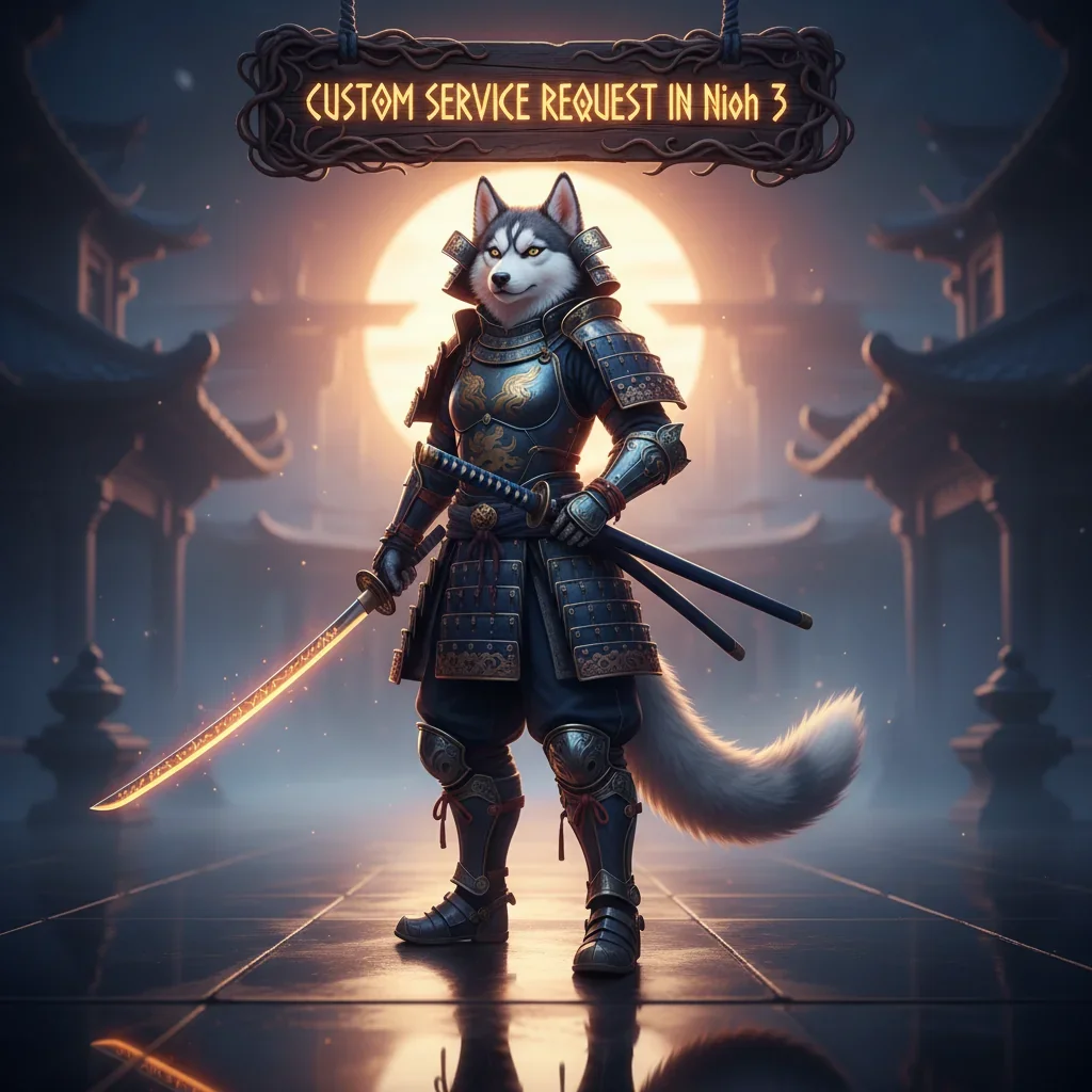 A samurai warrior from Nioh 3 with a speech bubble indicating a custom service request, set against a backdrop of a bustling Japanese town.