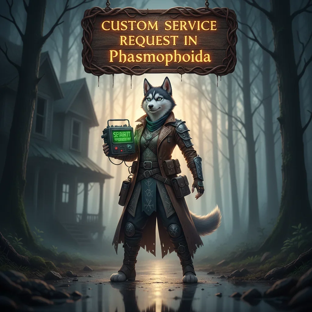 A ghost hunter in Phasmophobia using a custom service from Huskyboost.com to fulfill a request in a haunted location.