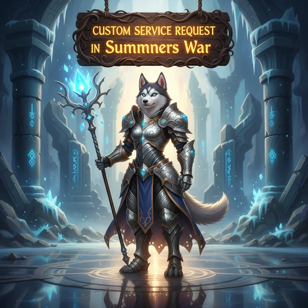 Summoners War custom service request form with game interface in the background