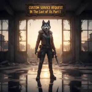 A survivor character from The Last of Us Part I interacting with a custom service request interface, with a backdrop of a post-apocalyptic cityscape.