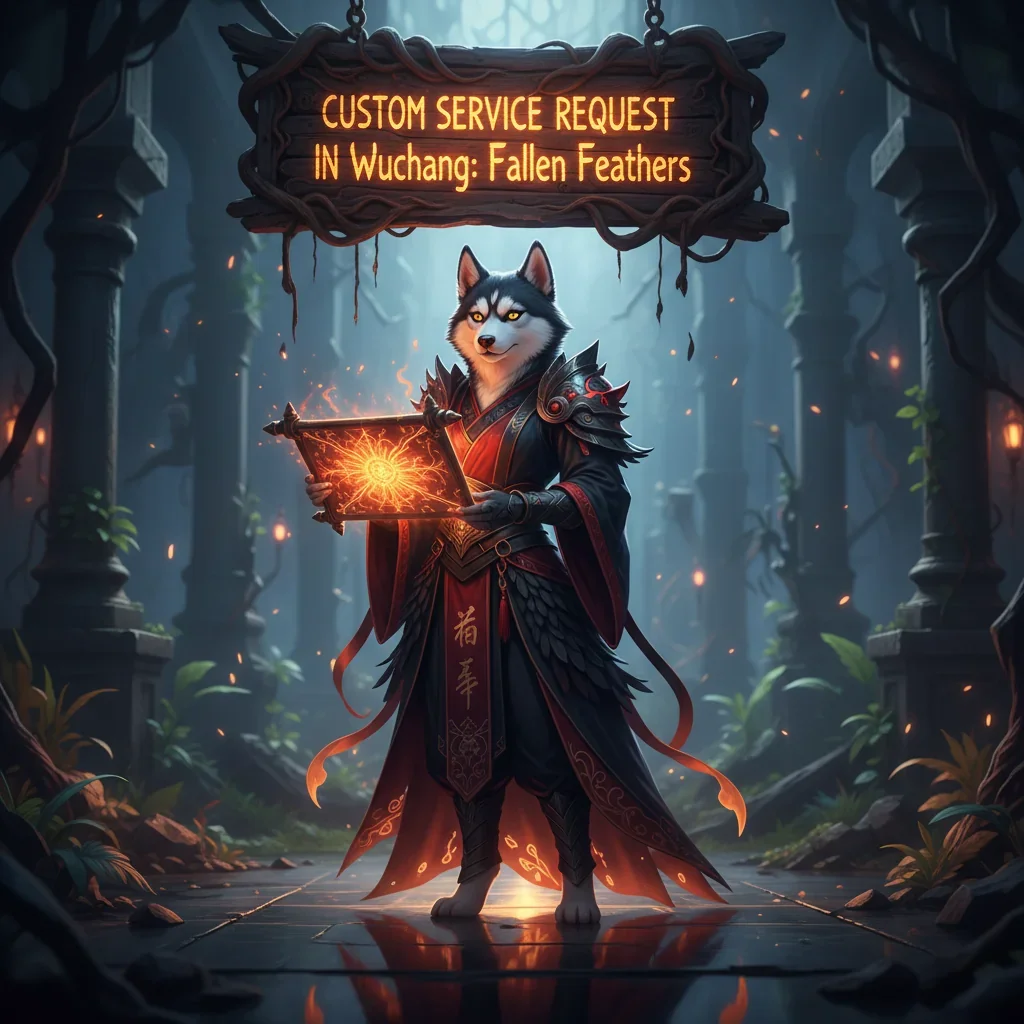 A lone warrior with a determined expression stands amidst a vibrant, fantastical forest, with mystical fallen feathers scattered around. The warrior is wearing elaborate, custom-made armor that reflects the unique cultural aesthetics of Wuchang. The atmosphere is ethereal yet tense, suggesting a quest or a significant event. The color palette is rich with deep greens, purples, and touches of gold. This image is for a custom service request on Huskyboost.com, titled 'Fallen Feathers'.