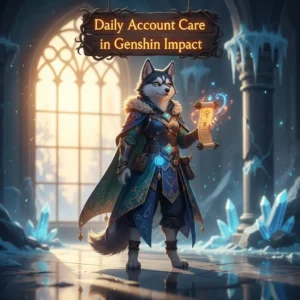 Anthropomorphic Husky character in fantasy attire, inspired by Genshin Impact's daily account care and content.