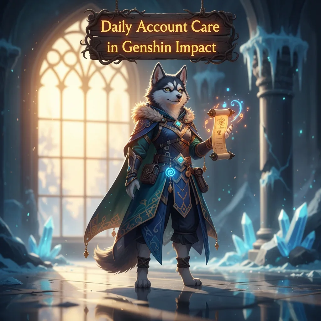 Anthropomorphic Husky character in fantasy attire, inspired by Genshin Impact's daily account care and content.