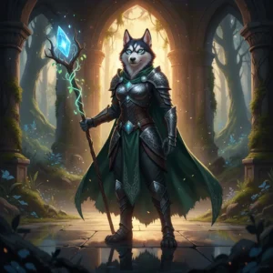 Hình ảnh quảng cáo chủ đề game giả tưởng với nhân vật Husky nữ, đứng thẳng, mặc trang phục lấy cảm hứng từ chủ đề cày thuê LoL.