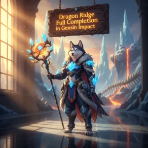 Fantasy artwork of an anthropomorphic Husky in themed armor, set against a snow-covered mountainous backdrop, representing Dragon Ridge content.