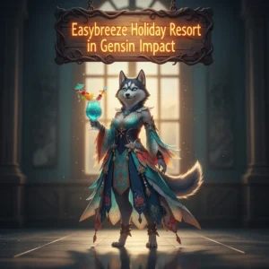 Genshin Impact-inspired artwork featuring an anthropomorphic Husky character in a fantasy resort setting, representing holiday event content.