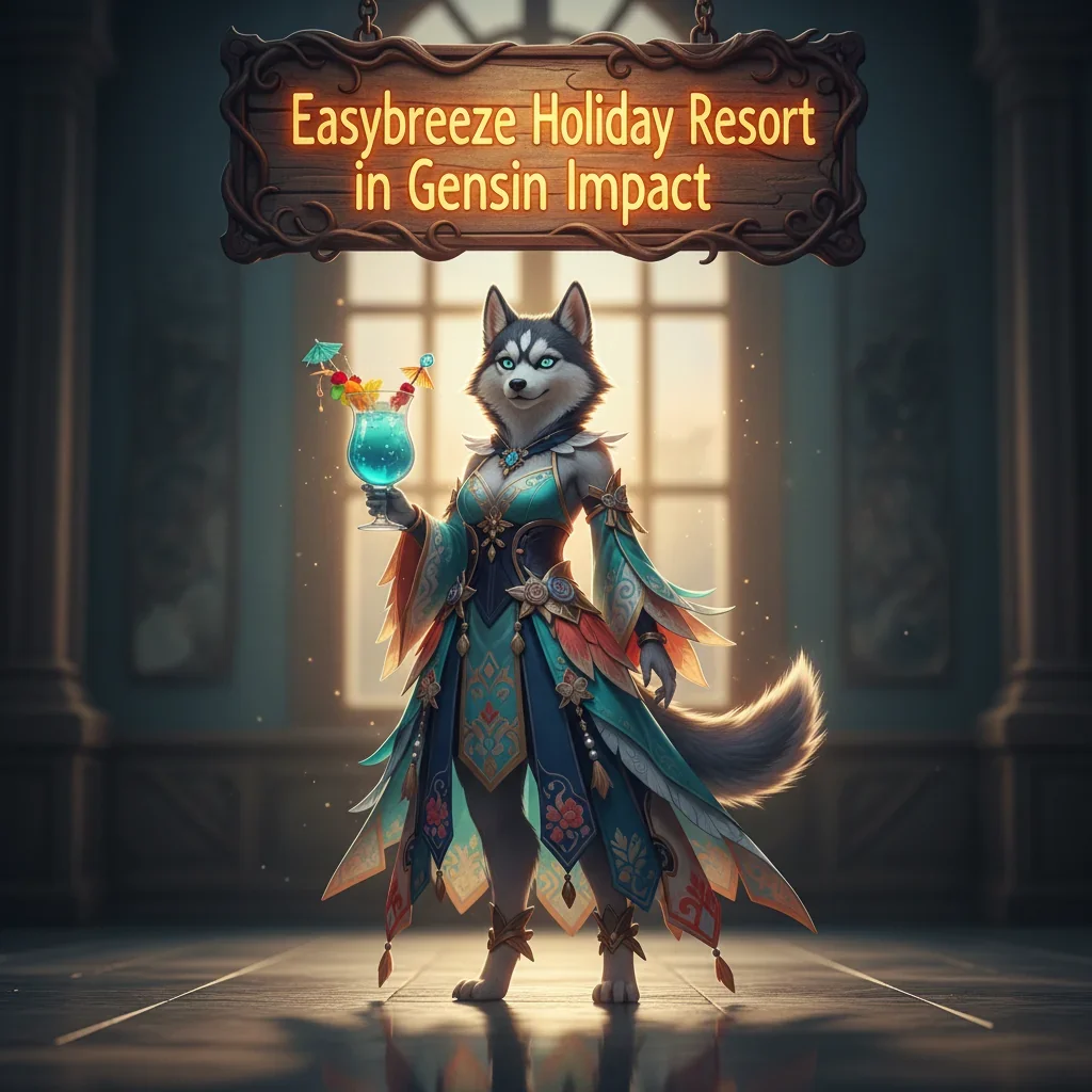 Genshin Impact-inspired artwork featuring an anthropomorphic Husky character in a fantasy resort setting, representing holiday event content.