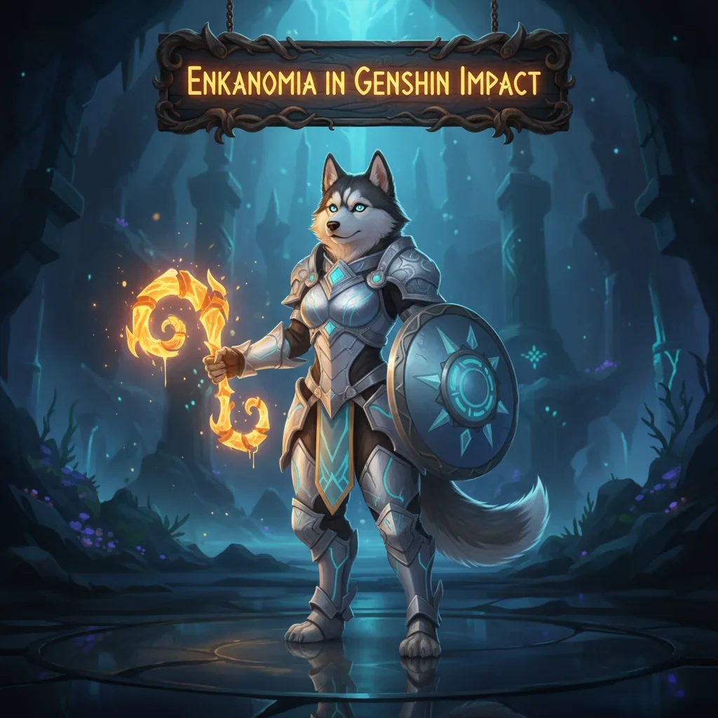 Fantasy artwork of an anthropomorphic husky character in a themed outfit, representing Enkanomiya content in Genshin Impact.