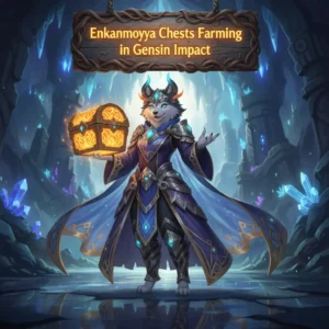 Fantasy artwork featuring an anthropomorphic Husky character in an underwater-themed environment, related to Enkanomiya Chests.