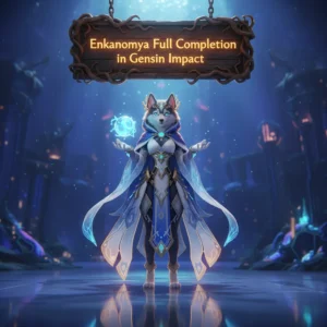 Fantasy game-inspired artwork featuring an anthropomorphic Husky character in a themed outfit, representing Enkanomiya content completion in Genshin Impact.