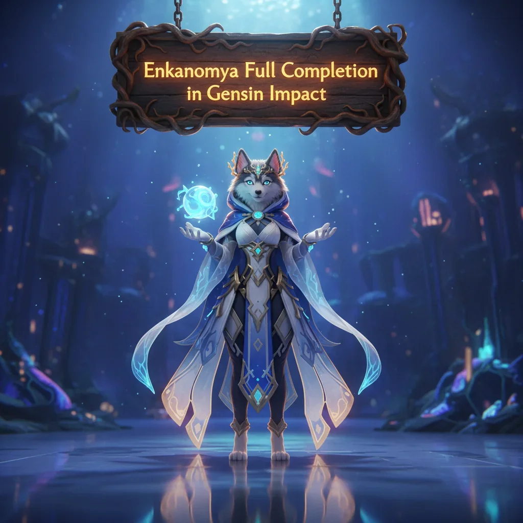 Fantasy game-inspired artwork featuring an anthropomorphic Husky character in a themed outfit, representing Enkanomiya content completion in Genshin Impact.