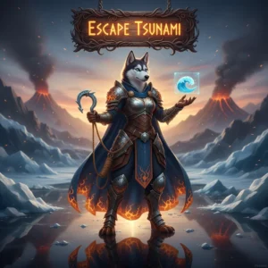 A person riding a wave on a surfboard, with the text 'Escape Tsunami Boosting Services' superimposed. The image should convey speed, excitement, and escape from a large, powerful wave, symbolizing efficient and quick solutions. The aesthetic should be modern and energetic, suitable for a gaming or boosting service website.