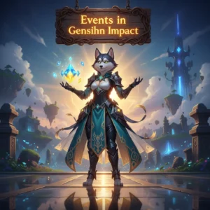 Fantasy artwork featuring an anthropomorphic husky character amidst Genshin Impact-inspired scenery, representing efficient event progression.