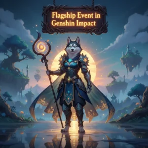 Anthropomorphic Husky character in fantasy attire, inspired by Genshin Impact's Flagship Event content and rewards.