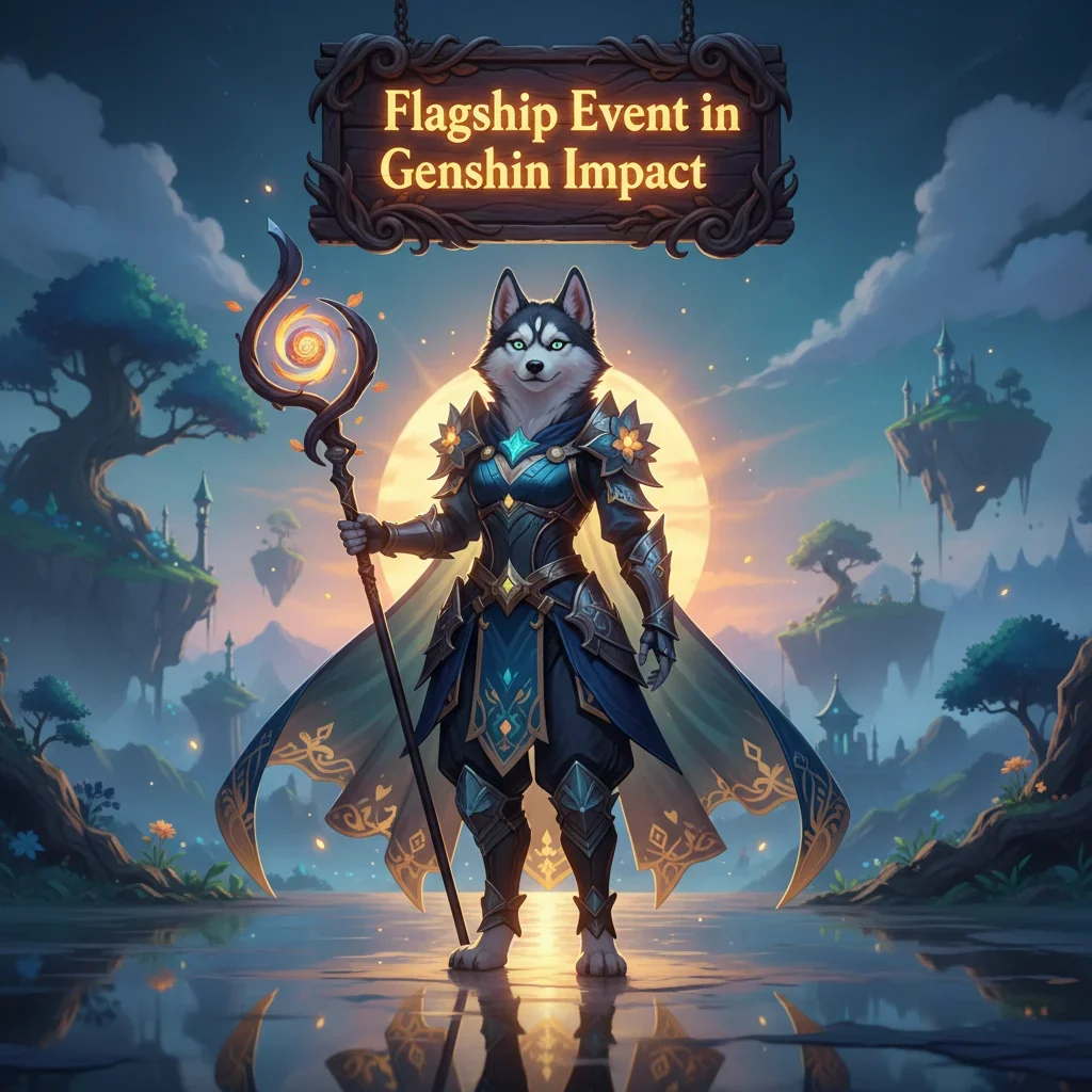 Anthropomorphic Husky character in fantasy attire, inspired by Genshin Impact's Flagship Event content and rewards.